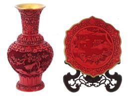 CHINESE RED CINNABAR VASE AND PLATE WITH STAND SET