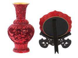 CHINESE RED CINNABAR VASE AND PLATE WITH STAND SET