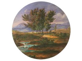 MID CENTURY ROUND PAINTING RURAL LANDSCAPE UNSIGNED