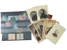 LOT OF ANTIQUE PORTRAIT CABINET PHOTOS AND STAMPS