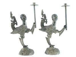 ANTIQUE SILVERED BRONZE SCULPTURAL CANDLE STICKS