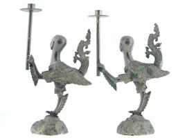 ANTIQUE SILVERED BRONZE SCULPTURAL CANDLE STICKS