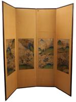 KOREAN INK ON SILK FOUR FOLD SCREEN W HUNTING SCENES