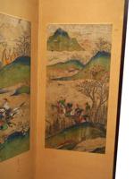 KOREAN INK ON SILK FOUR FOLD SCREEN W HUNTING SCENES