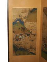 KOREAN INK ON SILK FOUR FOLD SCREEN W HUNTING SCENES