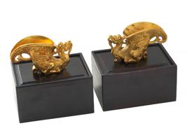 PAIR OF CHINESE GILT BRONZE SCULPTURAL WINE CUPS