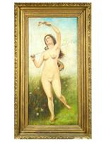 ANTIQUE PAINTING FEMALE NUDE WITH LUTE AND FLOWERS