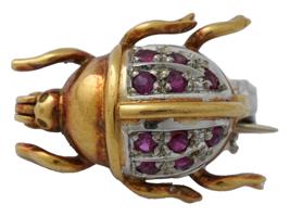 MIDCENT MINIATURE 18K YELLOW GOLD RUBY BUG BROOCH