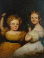 ANTIQUE OIL PORTRAIT PAINTING OF TWO GIRLS 19TH C