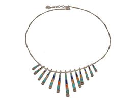 VINTAGE NATIVE AMERICAN GEMSTONE INLAID SILVER NECKLACE