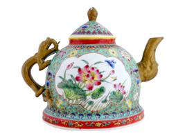 LARGE CHINESE FAMILE ROSE DRAGON PORCELAIN TEA POT