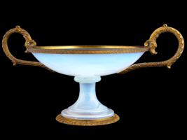 ANTIQUE FRENCH BRONZE ORMULU MOUNTED OPALINE TAZZA