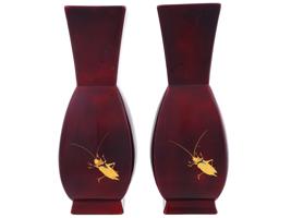 PAIR OF JAPANESE CRICKET DESIGN ENAMELED METAL VASES