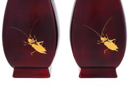 PAIR OF JAPANESE CRICKET DESIGN ENAMELED METAL VASES