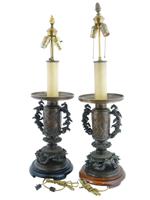 PAIR OF ANTIQUE JAPANESE MEIJI PERIOD BRONZE LAMPS