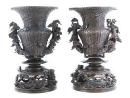 ANTIQUE JAPANESE MEIJI PERIOD BRONZE SILVER INLAY VASES