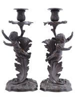 ANTIQUE FRENCH BRONZE CHERUB AND ACANTHUS CANDLESTICKS