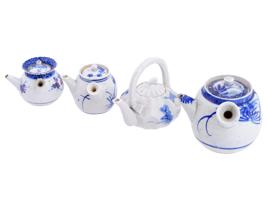 FOUR ANTIQUE SEMI PORCELAIN BLUE WHITE TEAPOTS