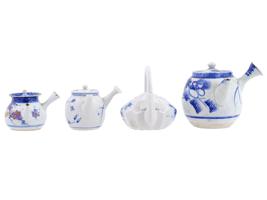 FOUR ANTIQUE SEMI PORCELAIN BLUE WHITE TEAPOTS