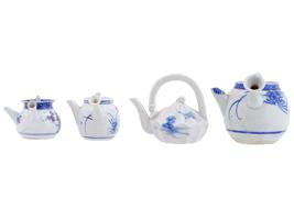 FOUR ANTIQUE SEMI PORCELAIN BLUE WHITE TEAPOTS