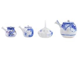 FOUR ANTIQUE SEMI PORCELAIN BLUE WHITE TEAPOTS