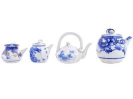 FOUR ANTIQUE SEMI PORCELAIN BLUE WHITE TEAPOTS