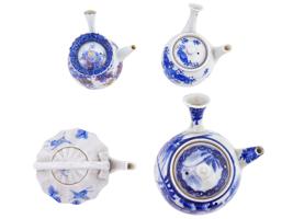 FOUR ANTIQUE SEMI PORCELAIN BLUE WHITE TEAPOTS