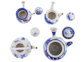 FOUR ANTIQUE SEMI PORCELAIN BLUE WHITE TEAPOTS