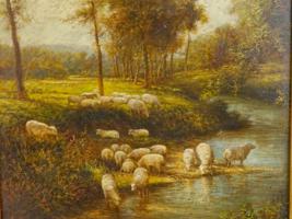 ANTIQUE  TREVOR JAMES LANDSCAPE PAINTING W SHEEPS