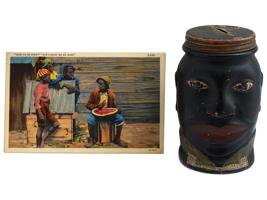 VINTAGE AFRICAN AMERICANA MONEY BOX AND POSTCARD