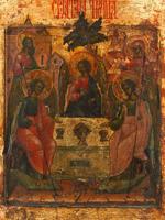 ANTIQUE 18TH C RUSSIAN ICON OF TRINITY IN KOVCHEG