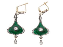 RUSSIAN GOLD GUILLOCHE ENAMEL DIAMOND EARRINGS