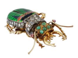 RUSSIAN GOLD GUILLOCHE ENAMEL GEMS BEETLE BROOCH