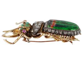 RUSSIAN GOLD GUILLOCHE ENAMEL GEMS BEETLE BROOCH