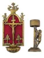 ANTIQUE HOLY WATER FONT AND BRONZE CANDLE HOLDER