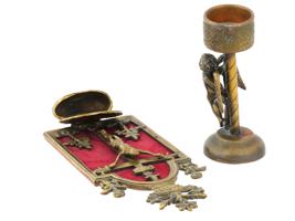 ANTIQUE HOLY WATER FONT AND BRONZE CANDLE HOLDER