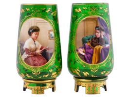 PAIR OF ANTIQUE GREEN GLASS VASES WITH PORTRAIT PANELS