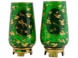 PAIR OF ANTIQUE GREEN GLASS VASES WITH PORTRAIT PANELS