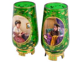 PAIR OF ANTIQUE GREEN GLASS VASES WITH PORTRAIT PANELS