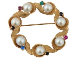 VINTAGE 14K GOLD FRESHWATER PEARL GEMSTONE BROOCH