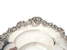 ANTIQUE STERLING SILVER TRAY WITH FLORAL MOTIF BORDER