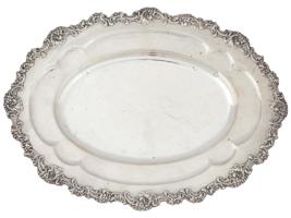 ANTIQUE STERLING SILVER TRAY WITH FLORAL MOTIF BORDER