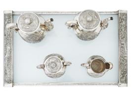 VINTAGE VIETNAMESE SILVER FOUR PIECE SERVICE WITH TRAY