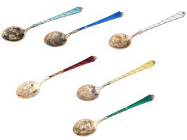 ANTIQUE EGON LAURIDSEN GILT SILVER ENAMEL SPOONS