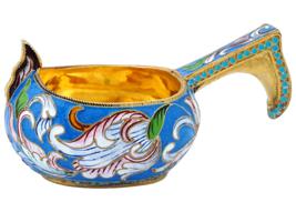 RUSSIAN GILT SILVER CLOISONNE ENAMEL KOVSH LADLE