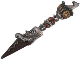 TIBETAN BUDDHIST SILVER PHURBA CEREMONIAL DAGGER