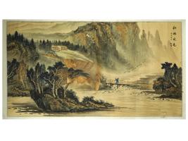 LARGE SIGNED CHINESE PAINTING LANDSCAPE W MOUNTAINS