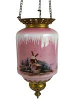 ANTIQUE CZECH GLASS AND BRASS HANGING LANTERN