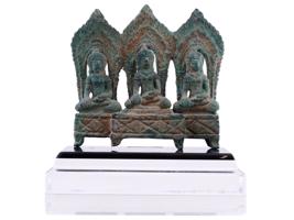 ANTIQUE KHMER STYLE BRONZE 3 BUDDHA SHRINE FIGURE