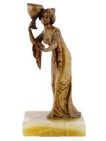 ANTIQUE BRONZE FIGURAL CANDLE HOLDER WOMAN W VASE